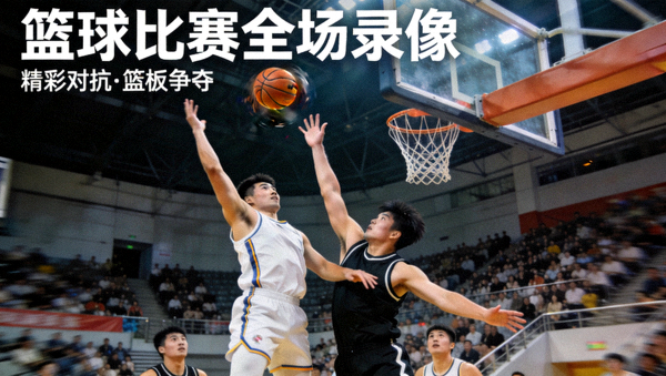 篮球比赛全场录像封面图，两名球员在篮下激烈对抗争抢篮板球