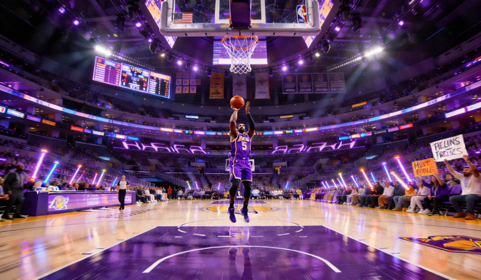 NBA焦点战直播画面，身穿紫色球衣的球员在三分线外起跳投篮，场边观众席灯光璀璨